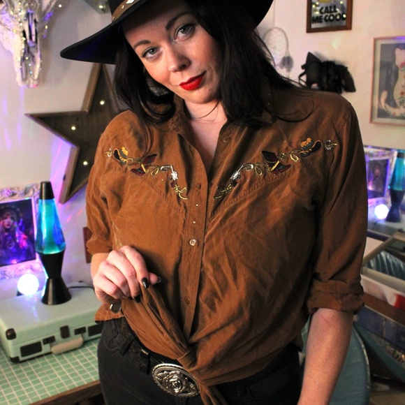 Vintage Brown Silk Embroidered Western Shirt - Picture 2 of 6
